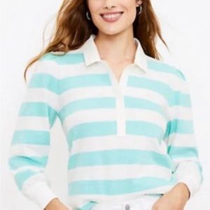 Ann Taylor LOFT Stripe Collar Polo Long Sleeve Top, Nautical White/Aqua, Small
